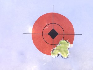 Five shots at 100 yards, 1.5" orange circle.