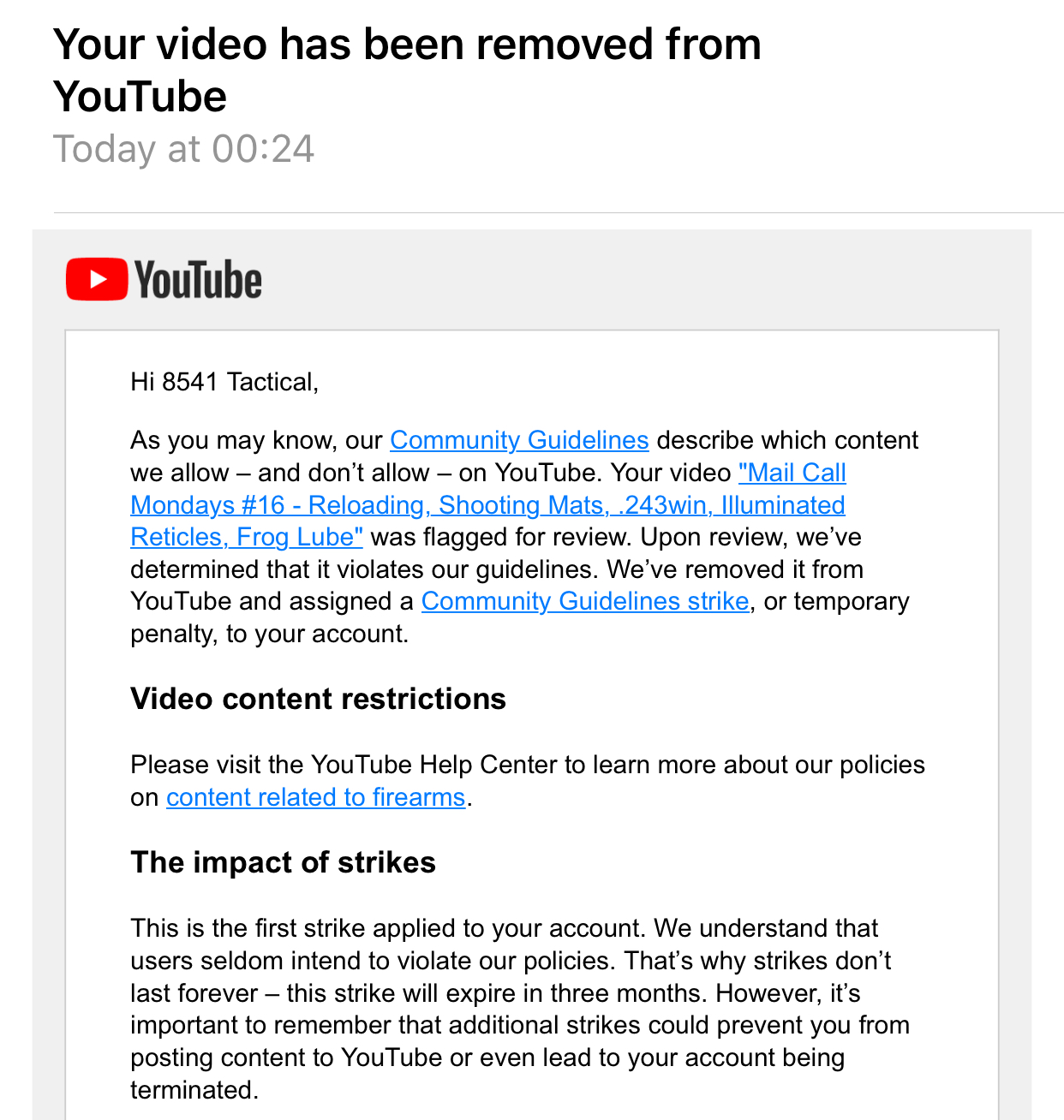 We received our first community strike on YouTube! | 8541 TACTICAL